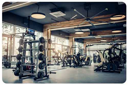 Sports equipment in gym.