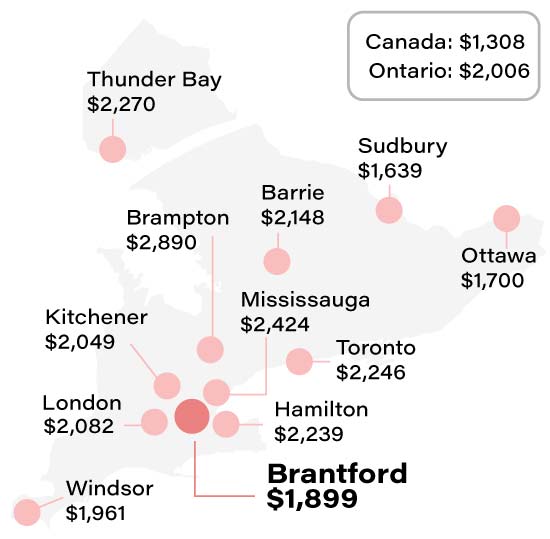 Average Brantford car insurance rate compared to other cities info graphic