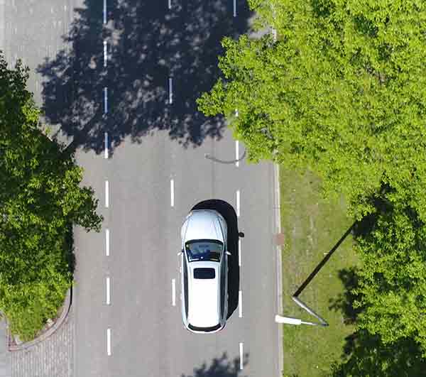 A white car travelling along a road surrounded by green trees.