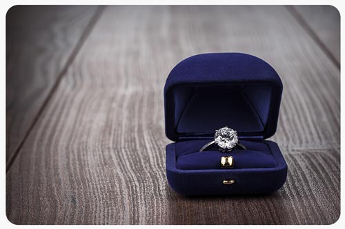 diamond ring in a blue jewellery box