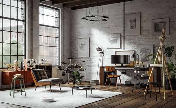 a warm living room with desk and armchair