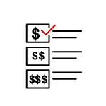 icon of comparing rates with dollar signs and check mark