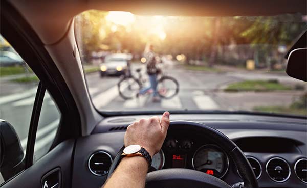Inside of car driving on a city street
