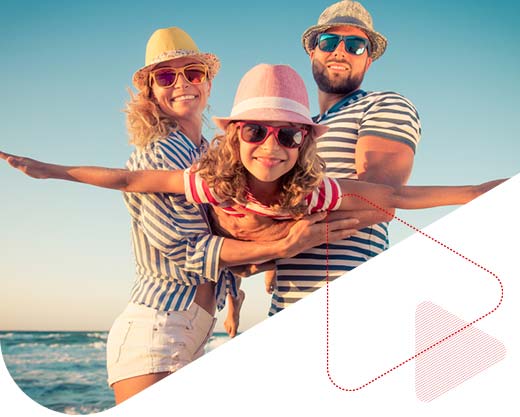 father, mother and child against blue sea