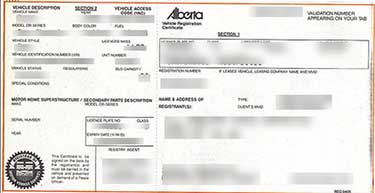 Sample of Alberta vehicle registration