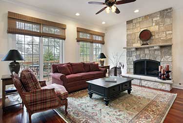 rustic house with stone walls and brown furniture