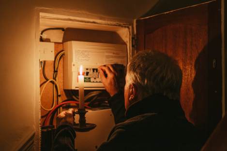 man using a candle to find power switches