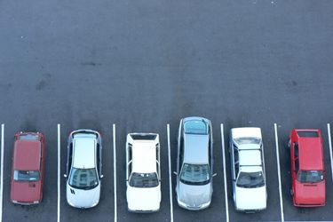 arial view of parking lot with cars