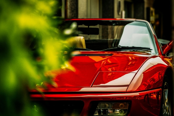 red car parked behind shrubs